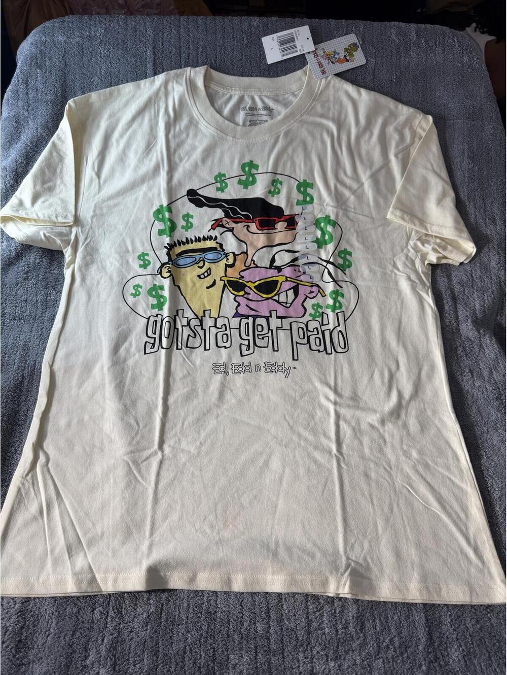 NWT Cartoon Network Ed Edd n Eddy Gotsta Get Paid Cream Graphic T-Shirt L Y2K